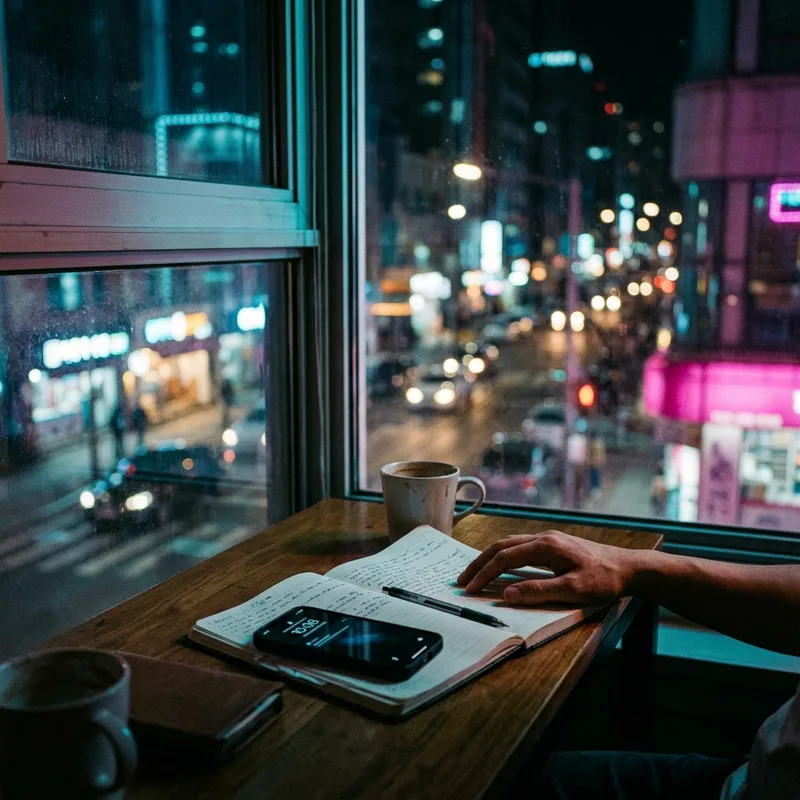 Notebook and phone on a desk with a night city outside the window