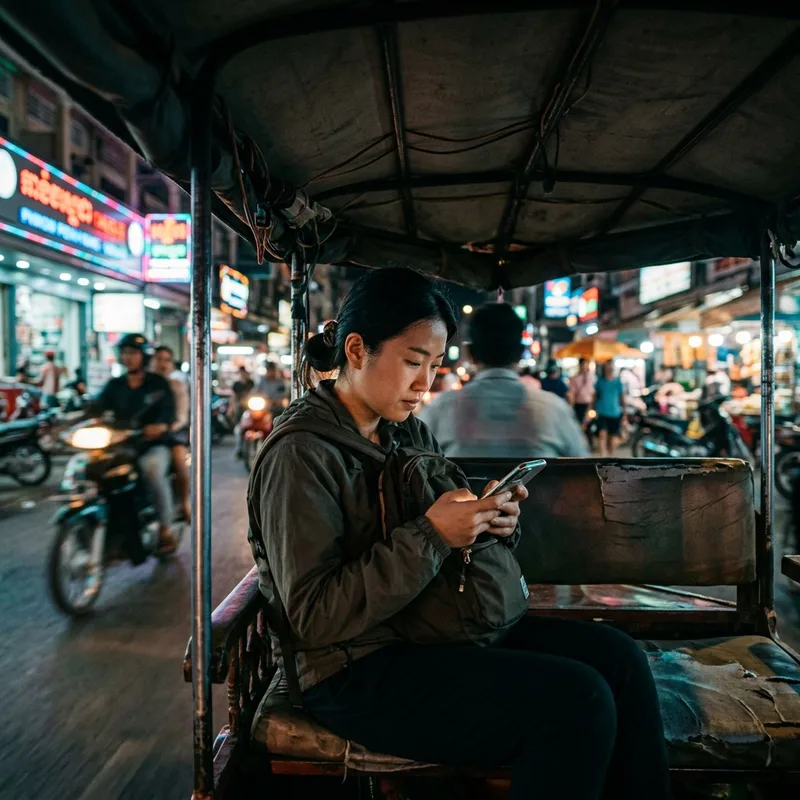 Traveler on a tuk-tuk at night in Cambodia checking a phone