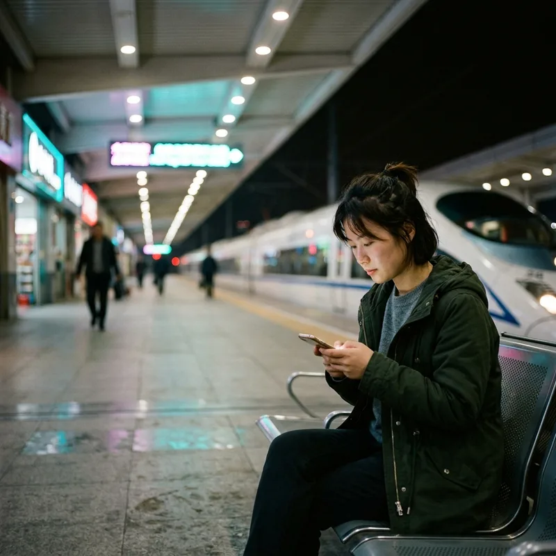 Phone showing a messaging app on a night train platform in China