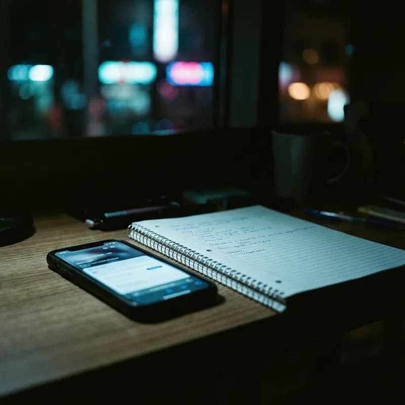 Phone and notebook on a desk lit by a screen at night