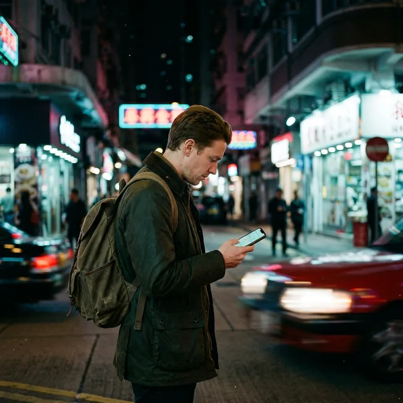 Traveler checking a phone map on a night street corner