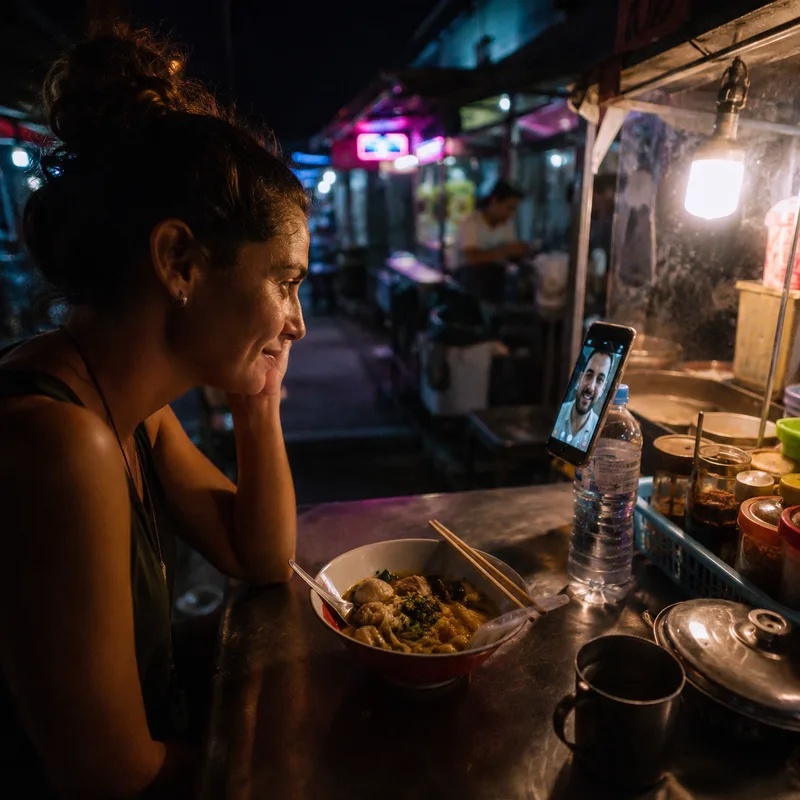 Traveler on a video call at a lit food stall after dark