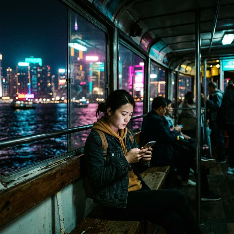 Traveler on the Star Ferry at night looking at a phone
