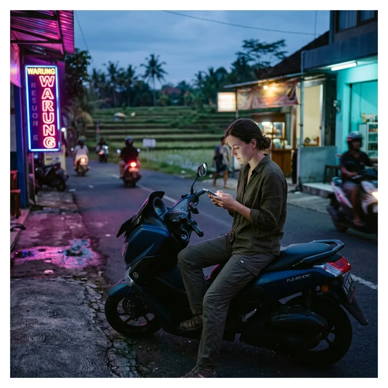 Phone with a map on a scooter at dusk in Bali