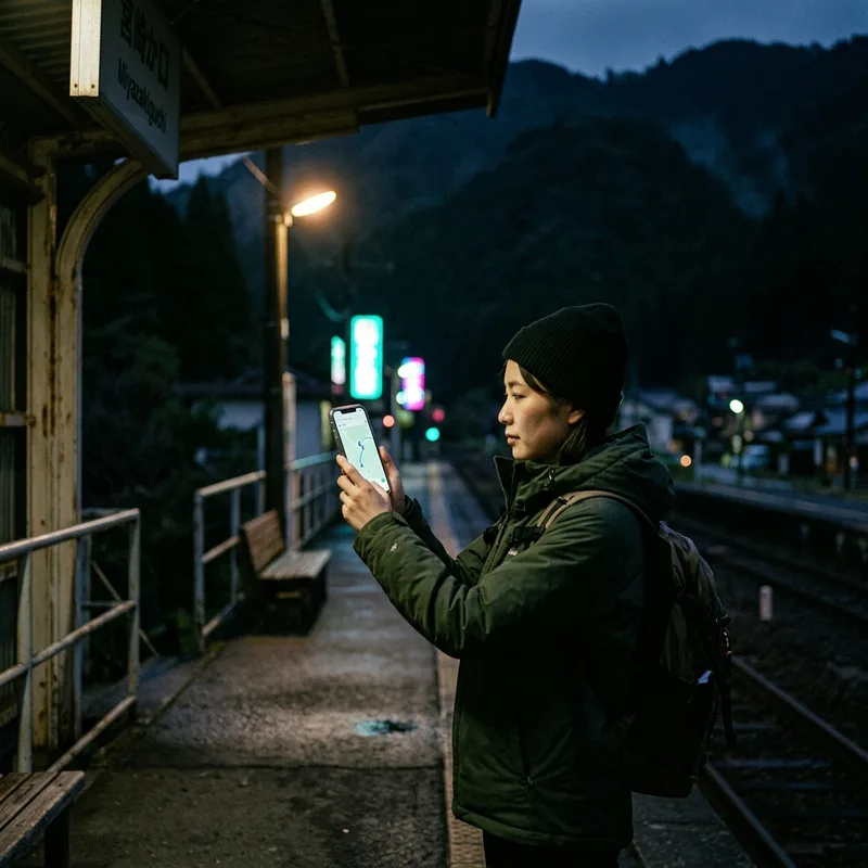 Phone showing a map on a rural Japanese train platform after dark