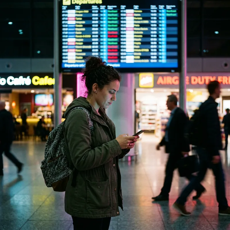 Traveler checking a departure board with a phone in hand