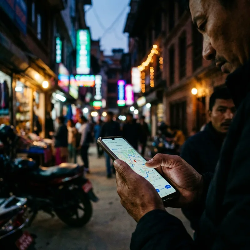 Hand holding a phone showing a map on a Kathmandu street at night