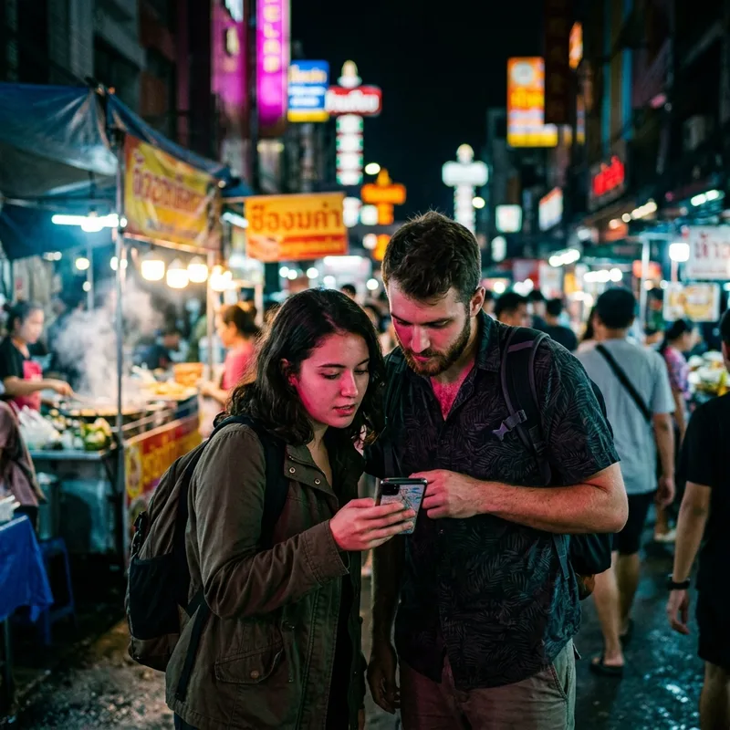 Two travelers comparing a route on a phone at a night market
