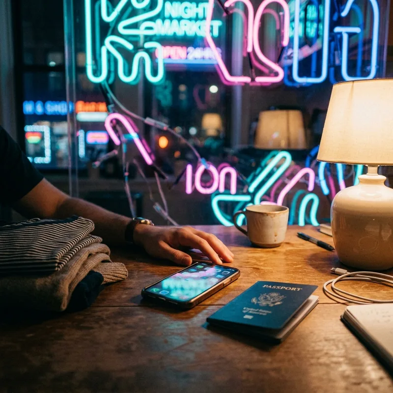 Phone showing eSIM settings on a table the night before a flight