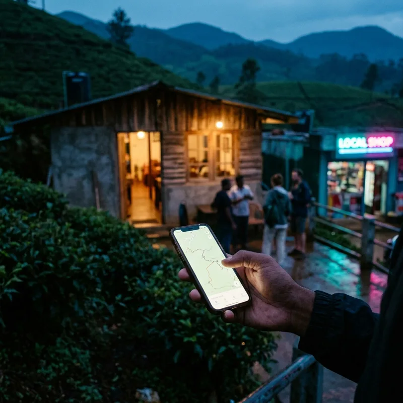 Hand holding a phone with a map at a Sri Lankan guesthouse at dusk