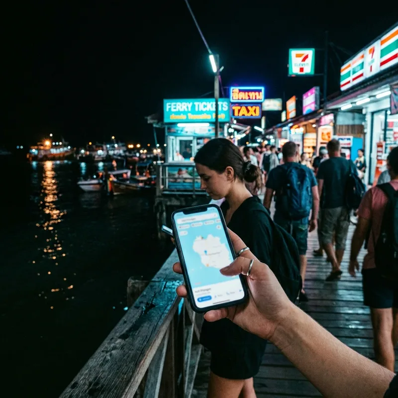 Phone with a map on a night ferry pier