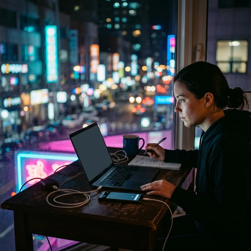 Laptop and phone tethered at a night desk by a window
